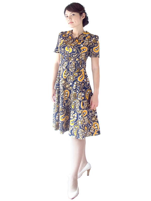 フランス買い付け 60年代製 ネイビー X イエロー・ホワイト レトロ花柄 ワンピース 16FC424