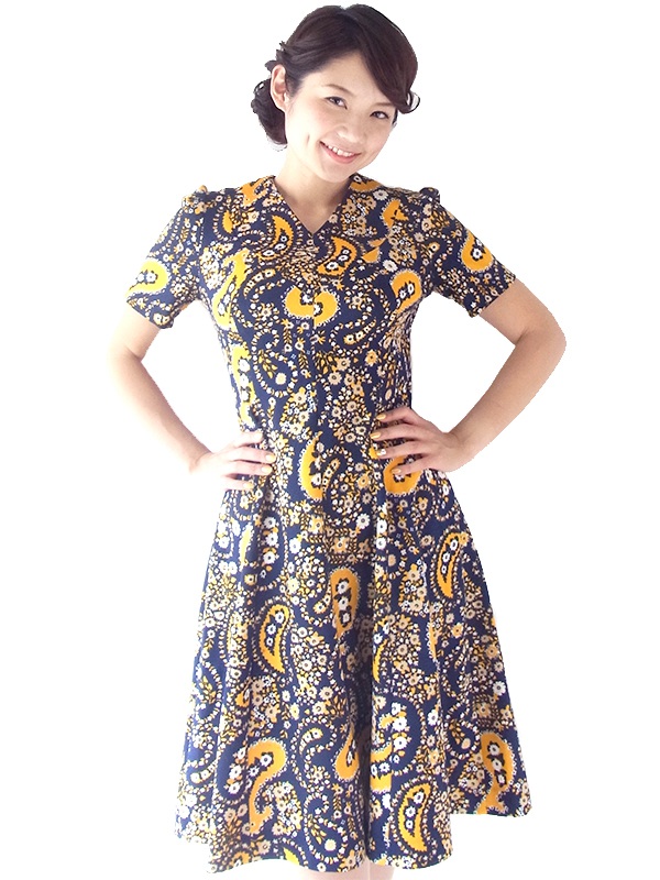フランス買い付け 60年代製 ネイビー X イエロー・ホワイト レトロ花柄 ワンピース 16FC424