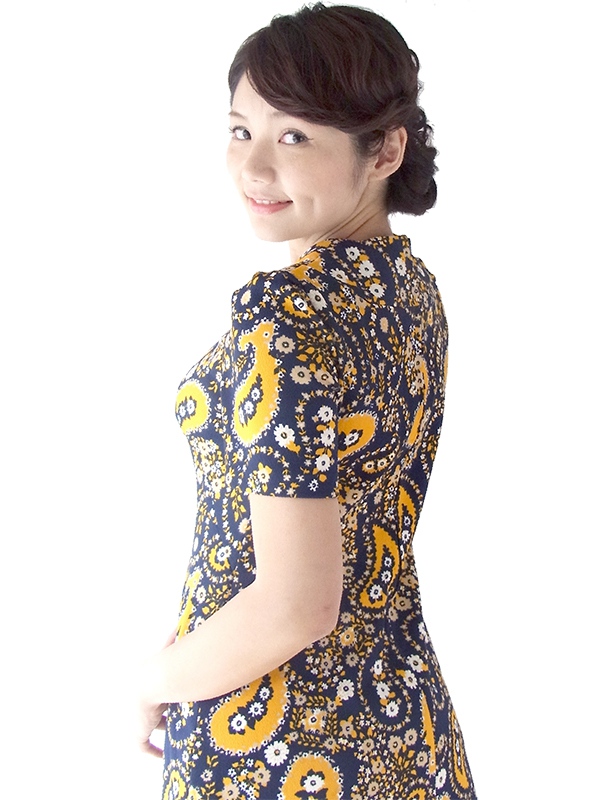 フランス買い付け 60年代製 ネイビー X イエロー・ホワイト レトロ花柄 ワンピース 16FC424