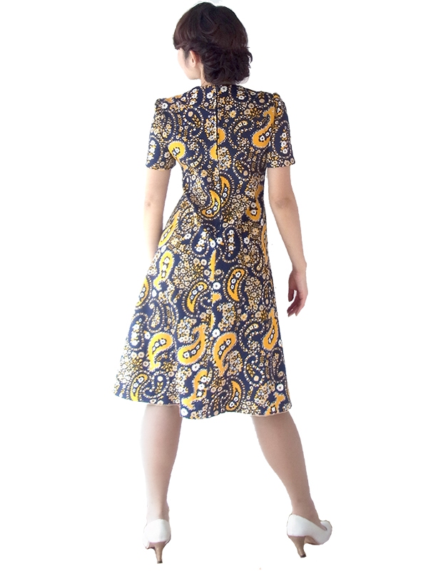 フランス買い付け 60年代製 ネイビー X イエロー・ホワイト レトロ花柄 ワンピース 16FC424