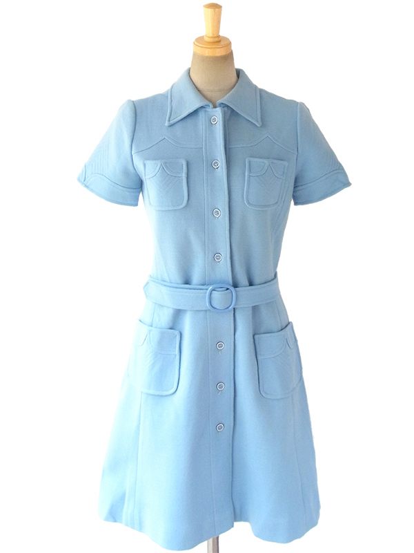 ヨーロッパ古着 フランス買い付け 60年代製 水色 X シームデザイン 共布ベルト付き ヴィンテージ ワンピース 16OM425