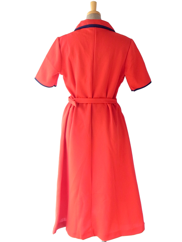 ヨーロッパ古着 ロンドン買い付け 60年代製 レッド X ネイビー 縁取り 共布ベルト付き レトロ ワンピース 16OM304