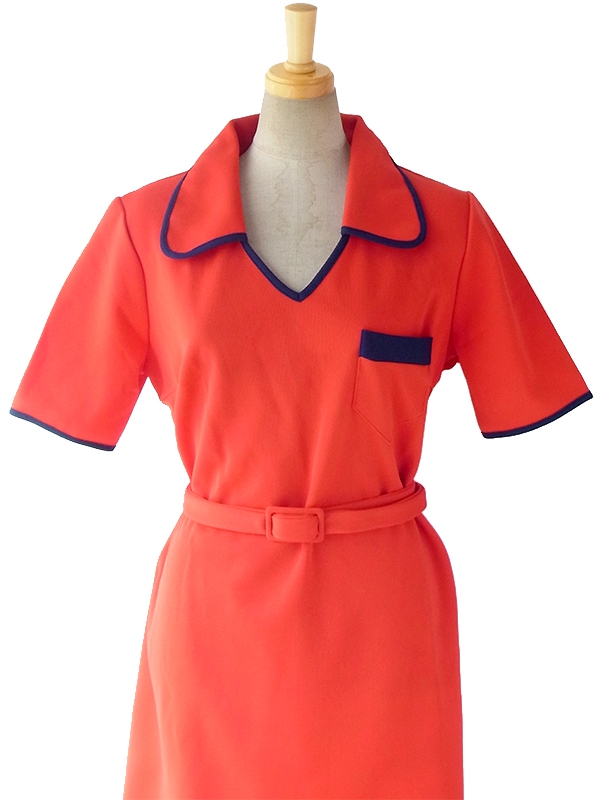 ヨーロッパ古着 ロンドン買い付け 60年代製 レッド X ネイビー 縁取り 共布ベルト付き レトロ ワンピース 16OM304