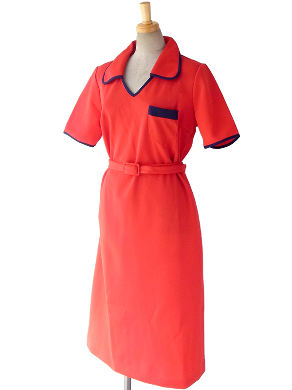 ヨーロッパ古着 ロンドン買い付け 60年代製 レッド X ネイビー 縁取り 共布ベルト付き レトロ ワンピース 16OM304