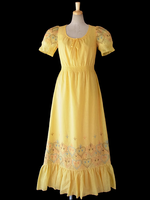 ヨーロッパ古着 ロンドン買い付け 60年代製 イエロー X カラフルなハート柄刺繍 ロング ワンピース 16OM310