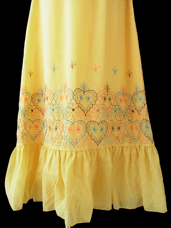 ヨーロッパ古着 ロンドン買い付け 60年代製 イエロー X カラフルなハート柄刺繍 ロング ワンピース 16OM310