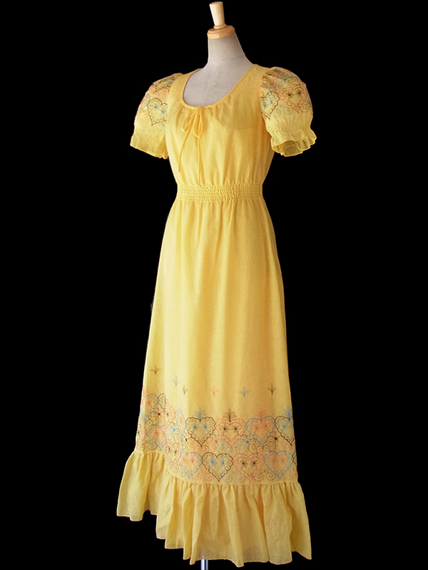 ヨーロッパ古着 ロンドン買い付け 60年代製 イエロー X カラフルなハート柄刺繍 ロング ワンピース 16OM310