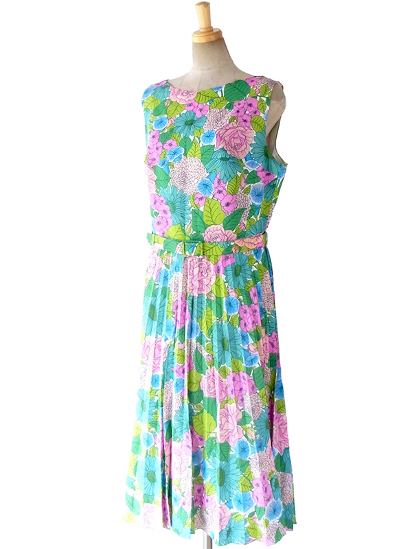 ヨーロッパ古着 ロンドン買い付け 60年代製 カラフルな花柄プリント X 同柄ベルト付き プリーツ ワンピース 16OM402