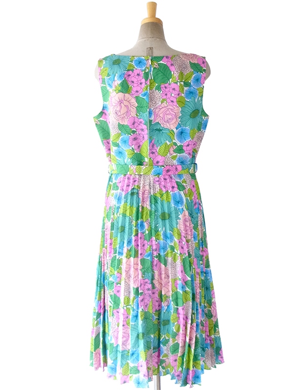 ヨーロッパ古着 ロンドン買い付け 60年代製 カラフルな花柄プリント X 同柄ベルト付き プリーツ ワンピース 16OM402