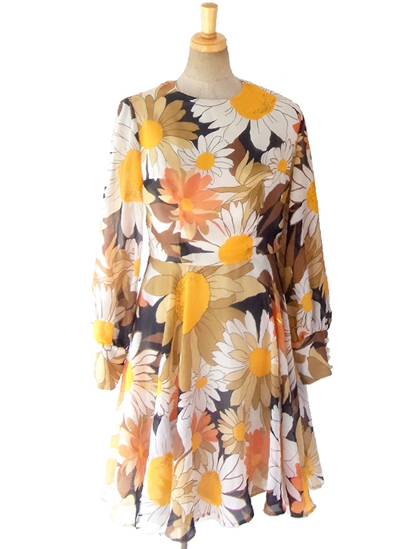 ヨーロッパ古着 ロンドン買い付け マーガレットプリント ふんわりシルエットのレトロワンピース 16OM613