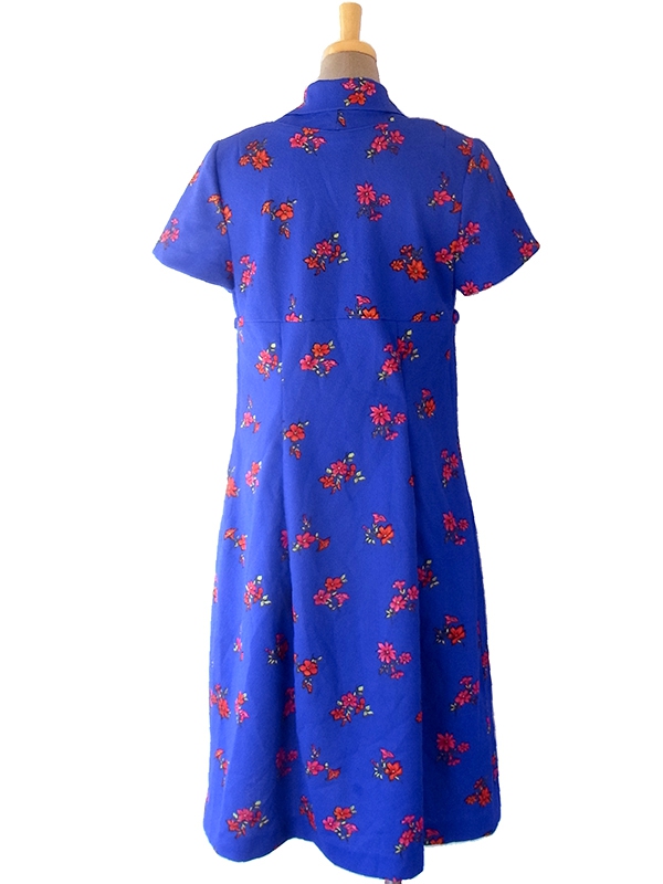 ヨーロッパ古着 ロンドン買い付け 70年代製 ブルー X 花柄 リボン紐 レトロワンピース 16OM722