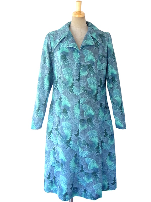 ヨーロッパ古着 ロンドン買い付け 70年代製 水色 X ブルー 孔雀の羽モチーフのレトロ柄 ワンピース 16OM723