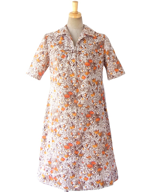 ヨーロッパ古着 ロンドン買い付け 70年代製 ブラウン・オレンジ・ホワイト 花柄 フロントジップ レトロ ワンピース 16OM730