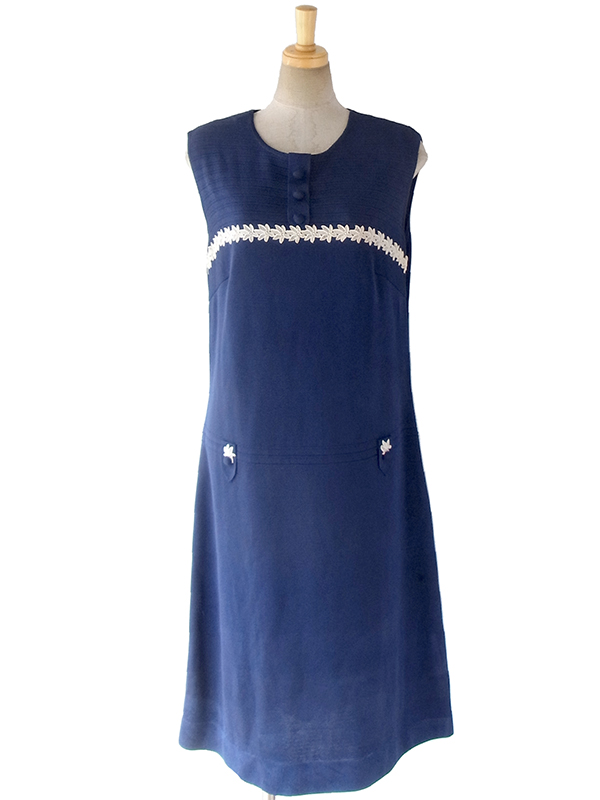 ヨーロッパ古着 ロンドン買い付け 60年代製 ネイビー X ホワイト 花柄レース飾り ヴィンテージ ワンピース 16OM745