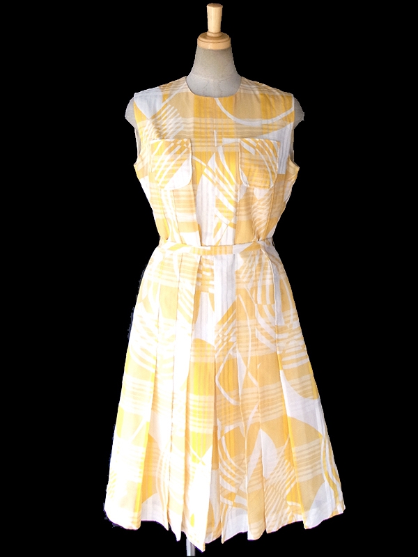 ロンドン買い付け 60年代製 イエロー X ホワイト チェック・レトロ柄 共布ベルト付き ワンピース 16OM821