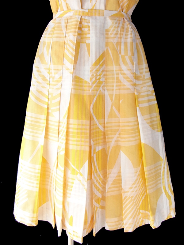 ロンドン買い付け 60年代製 イエロー X ホワイト チェック・レトロ柄 共布ベルト付き ワンピース 16OM821