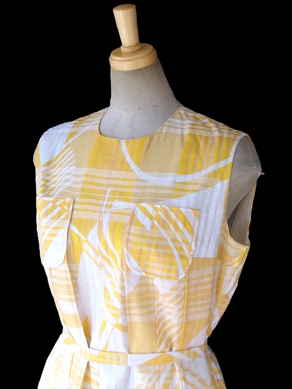 ロンドン買い付け 60年代製 イエロー X ホワイト チェック・レトロ柄 共布ベルト付き ワンピース 16OM821