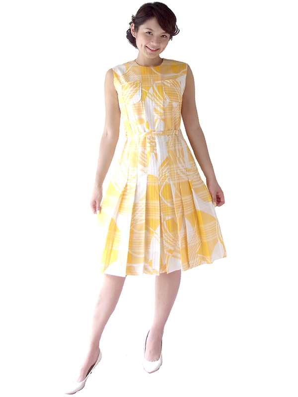 ロンドン買い付け イエロー X ホワイト チェック・レトロ柄 共布ベルト付き プリーツ ワンピース 16OM821