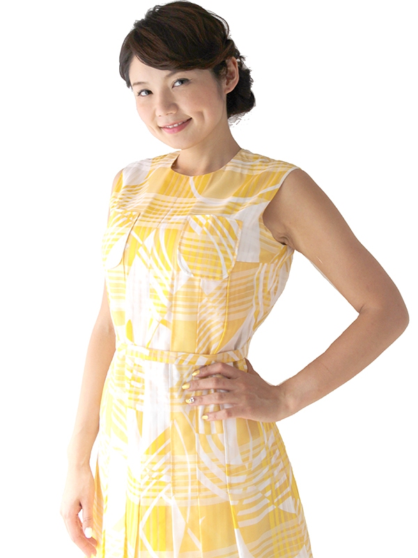 ロンドン買い付け イエロー X ホワイト チェック・レトロ柄 共布ベルト付き プリーツ ワンピース 16OM821