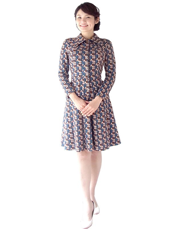 60年代フランス製 ブラウン X ブルー レトロ柄 ヴィンテージ ワンピース 16OM916