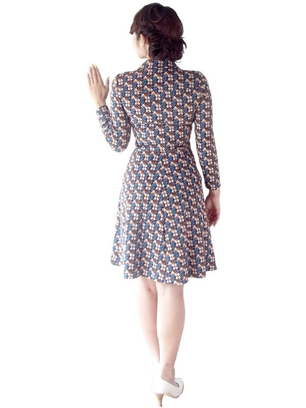 60年代フランス製 ブラウン X ブルー レトロ柄 ヴィンテージ ワンピース 16OM916