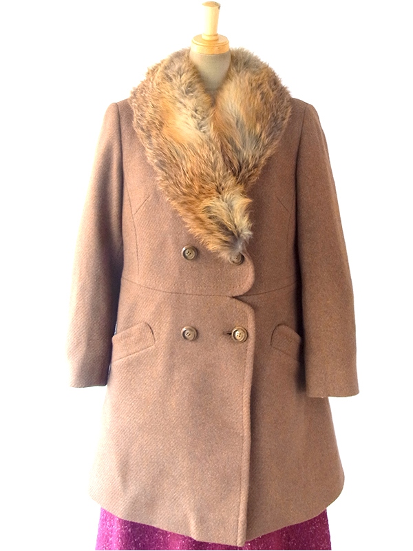 ヨーロッパ古着 ロンドン買い付け 60年代製 ブラウン X ふかふかファー襟 スカラップ風ウェスト コート 16OM929