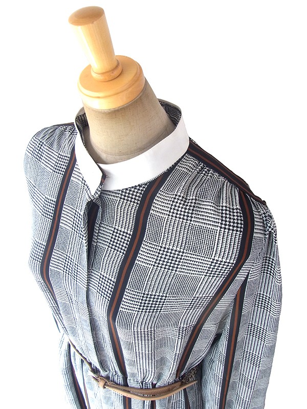 ヨーロッパ古着 ロンドン買い付け 白X黒X茶 グレンチェック・ストライプ 襟・袖取り外し可能 ワンピース 17BS114