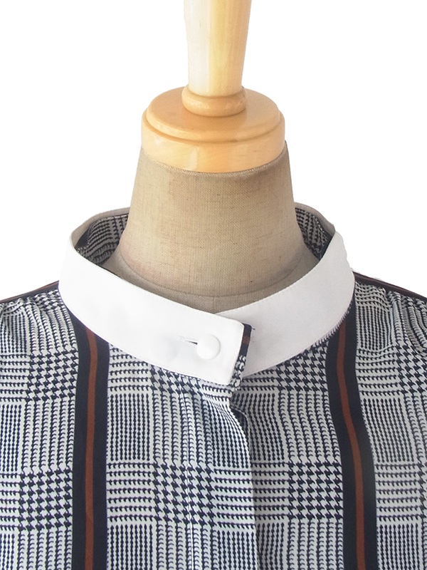 ヨーロッパ古着 ロンドン買い付け 白X黒X茶 グレンチェック・ストライプ 襟・袖取り外し可能 ワンピース 17BS114