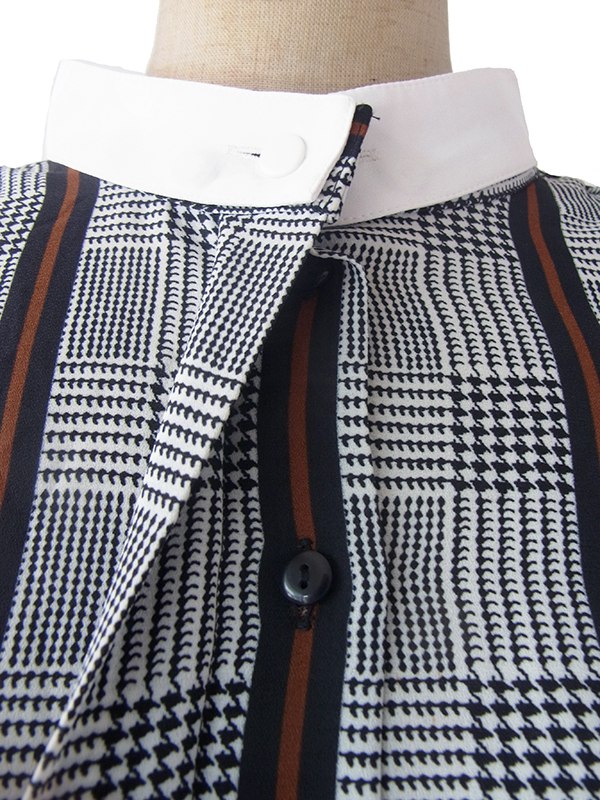 ヨーロッパ古着 ロンドン買い付け 白X黒X茶 グレンチェック・ストライプ 襟・袖取り外し可能 ワンピース 17BS114