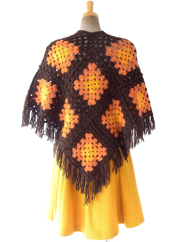 ヨーロッパ古着 ロンドン買い付け 60年代製 ブラウン X オレンジ X イエロー フリンジ付き ウール ニット ポンチョ 17BS130