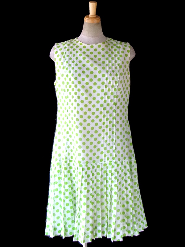 ヨーロッパ古着 フランス買い付け 60年代製 ホワイト X グリーン 水玉 ドロップウェスト ワンピース 17FC016