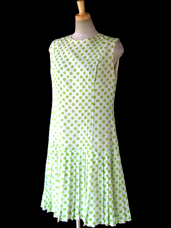 ヨーロッパ古着 フランス買い付け 60年代製 ホワイト X グリーン 水玉 ドロップウェスト ワンピース 17FC016