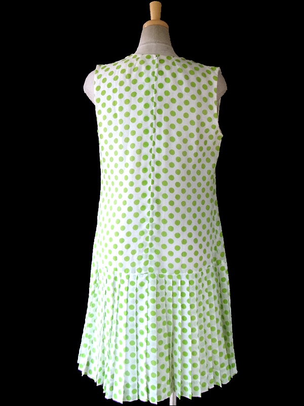 ヨーロッパ古着 フランス買い付け 60年代製 ホワイト X グリーン 水玉 ドロップウェスト ワンピース 17FC016