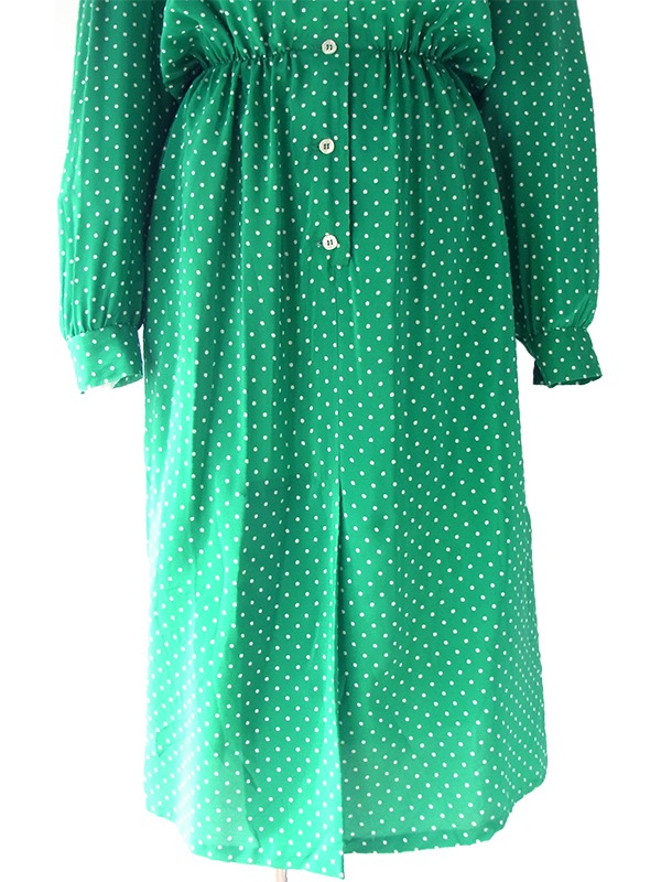 ヨーロッパ古着 ロンドン買い付け 60年代製 光沢のあるグリーン X ホワイト 水玉 ヴィンテージ シルク ワンピース 17FC109