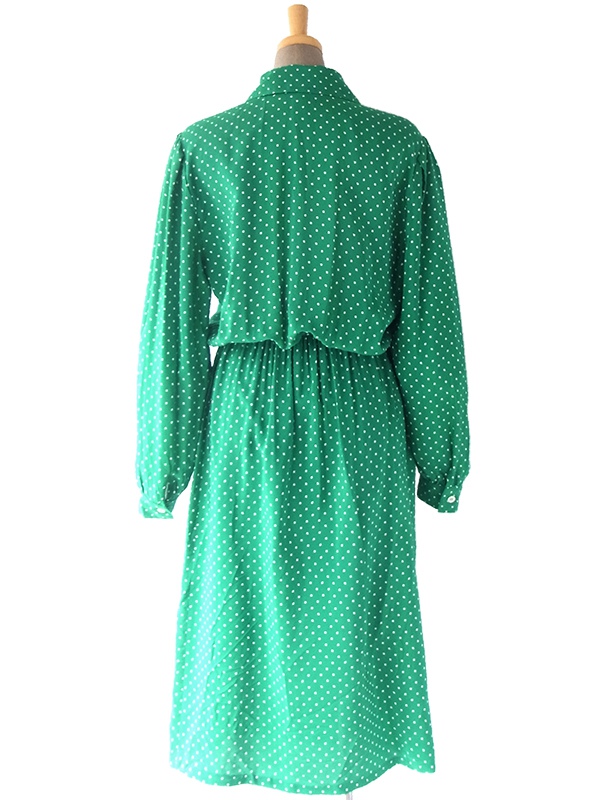 ヨーロッパ古着 ロンドン買い付け 60年代製 光沢のあるグリーン X ホワイト 水玉 ヴィンテージ シルク ワンピース 17FC109