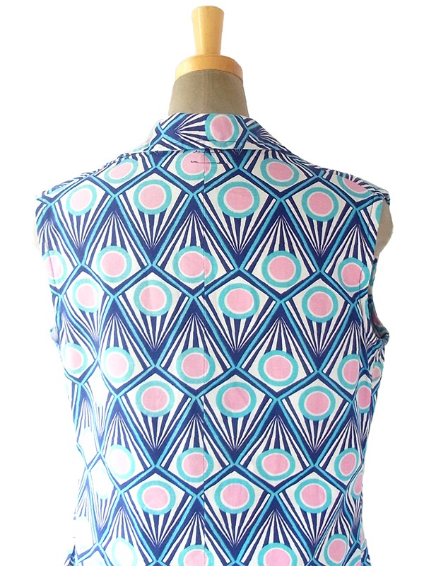 ヨーロッパ古着 フランス買い付け 60年代製 ブルー・水色・ピンク オプアート風プリント レトロ ワンピース 17FC205