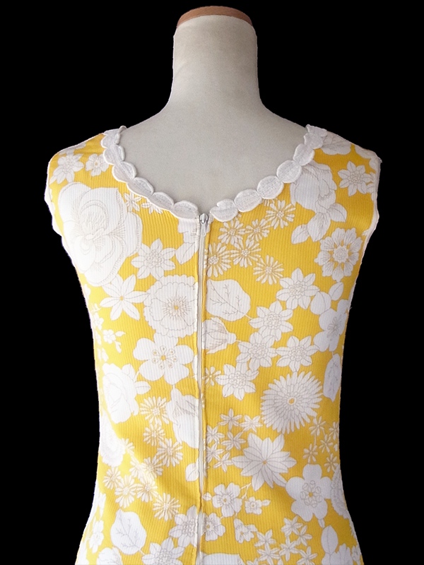 ヨーロッパ古着 フランス買い付け 60年代製 イエロー X ホワイト 花柄プリント テープ装飾 レトロ ワンピース 17OM214