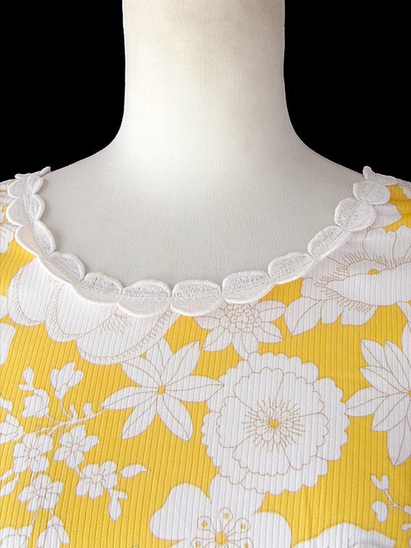 ヨーロッパ古着 フランス買い付け 60年代製 イエロー X ホワイト 花柄プリント テープ装飾 レトロ ワンピース 17OM214