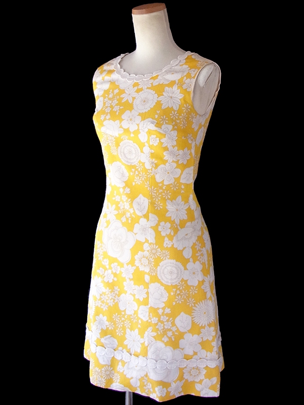 ヨーロッパ古着 フランス買い付け 60年代製 イエロー X ホワイト 花柄プリント テープ装飾 レトロ ワンピース 17OM214