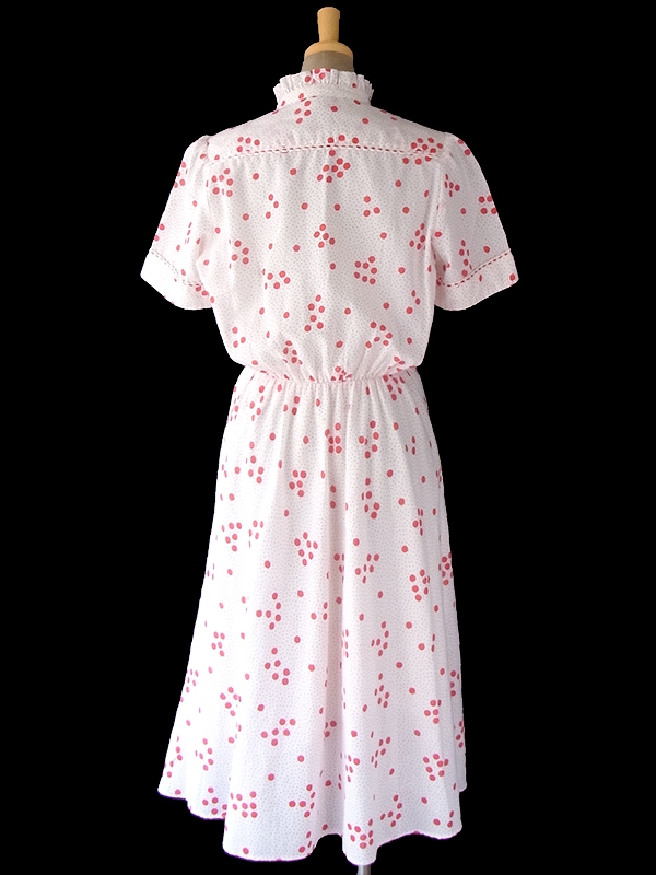 ヨーロッパ古着 フランス買い付け 60年代製 ホワイト X レッド 水玉 リボン レーステープ装飾 ワンピース 17FC312