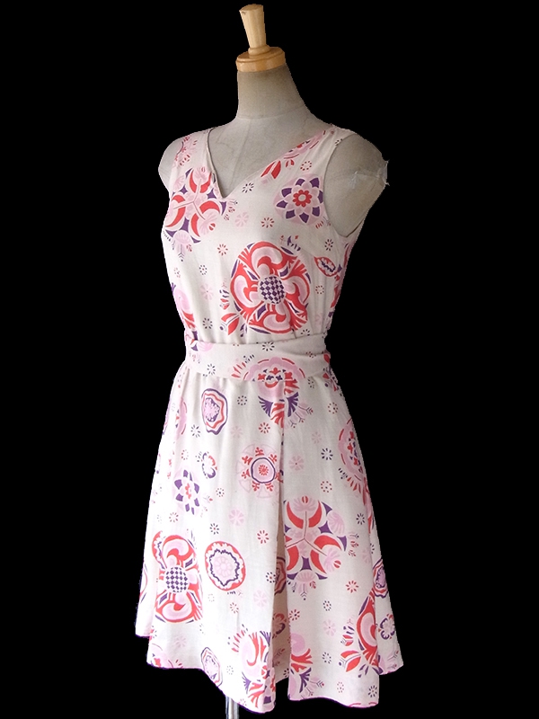  ヨーロッパ古着 60年代フランス製 Anik Robelin Paris 共布ベルト付き シルクワンピース 17FC324