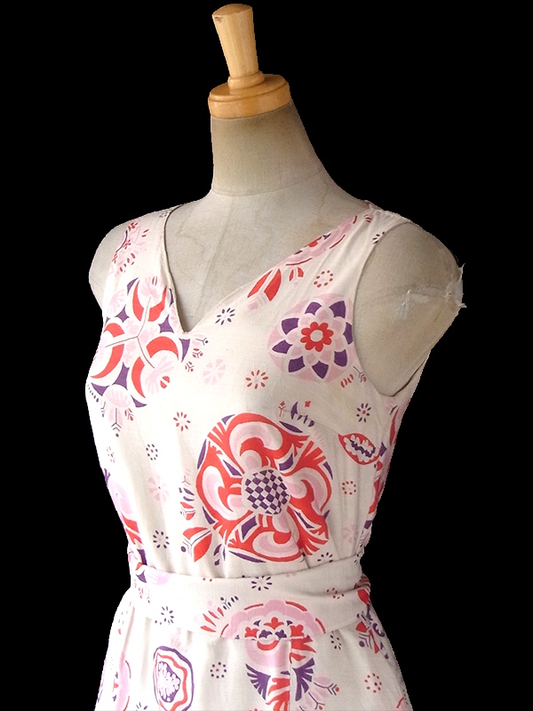  ヨーロッパ古着 60年代フランス製 Anik Robelin Paris 共布ベルト付き シルクワンピース 17FC324