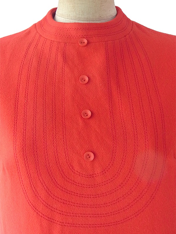 ヨーロッパ古着 60年代フランス製 レッド X ステッチデザイン モックネック  ウール ワンピース 17FC411