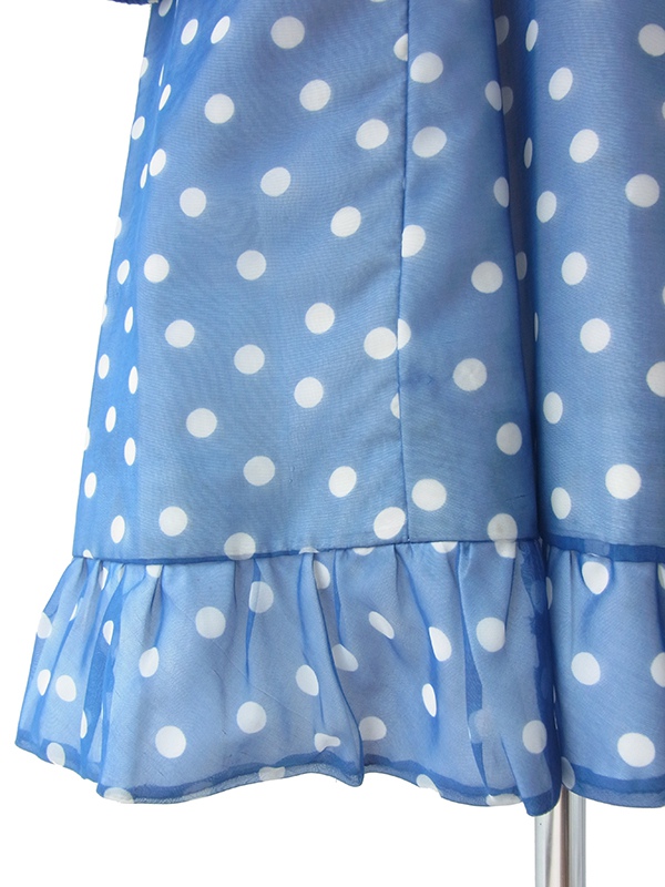 ヨーロッパ古着 フランス買い付け 70年代製 上品な光沢を放つ水色 X ホワイト 水玉 シフォン生地 ヴィンテージ ワンピース 17FC500