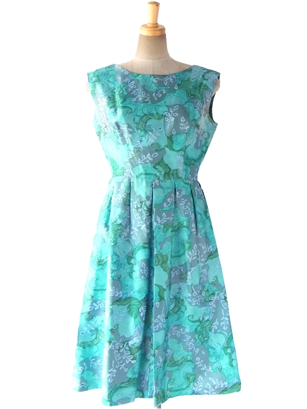 ヨーロッパ古着 ロンドン買い付け 60年代製 光沢のある水色 X グレイ 花柄プリント ヴィンテージ ドレス 17OM117