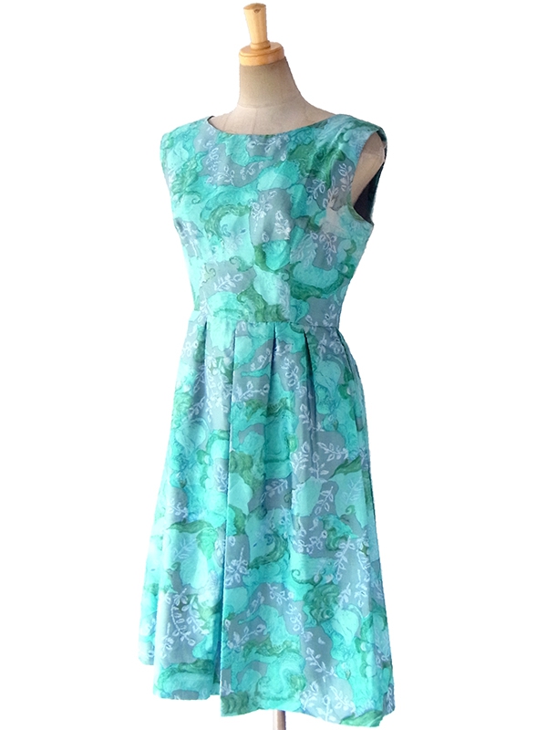 ヨーロッパ古着 ロンドン買い付け 60年代製 光沢のある水色 X グレイ 花柄プリント ヴィンテージ ドレス 17OM117