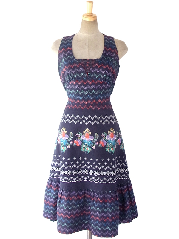 ヨーロッパ古着 ロンドン買い付け 60年代製 ネイビー X カラフル花柄・カットワーク・刺繍 ヴィンテージ ワンピース 17OM305
