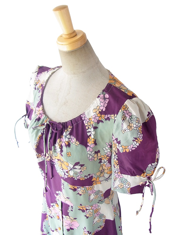 ヨーロッパ古着 ロンドン買い付け 70年代製 パープル X グレイ 花柄 パフスリーブ ワンピース 17OM312