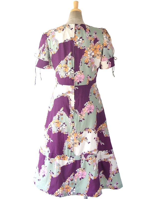ヨーロッパ古着 ロンドン買い付け 70年代製 パープル X グレイ 花柄 パフスリーブ ワンピース 17OM312