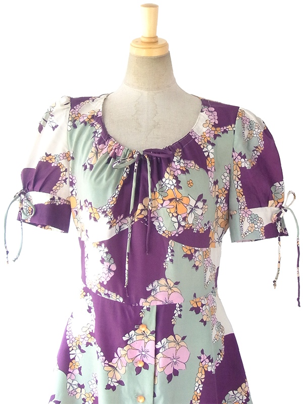 ヨーロッパ古着 ロンドン買い付け 70年代製 パープル X グレイ 花柄 パフスリーブ ワンピース 17OM312